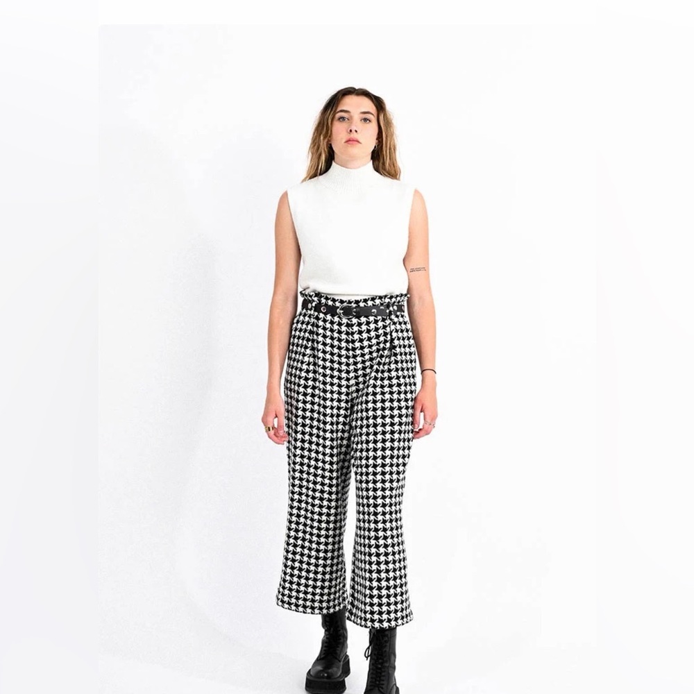 Molly Bracken Houndstooth Wide Leg Pants Size S Paperbag Waist Belted Cropped